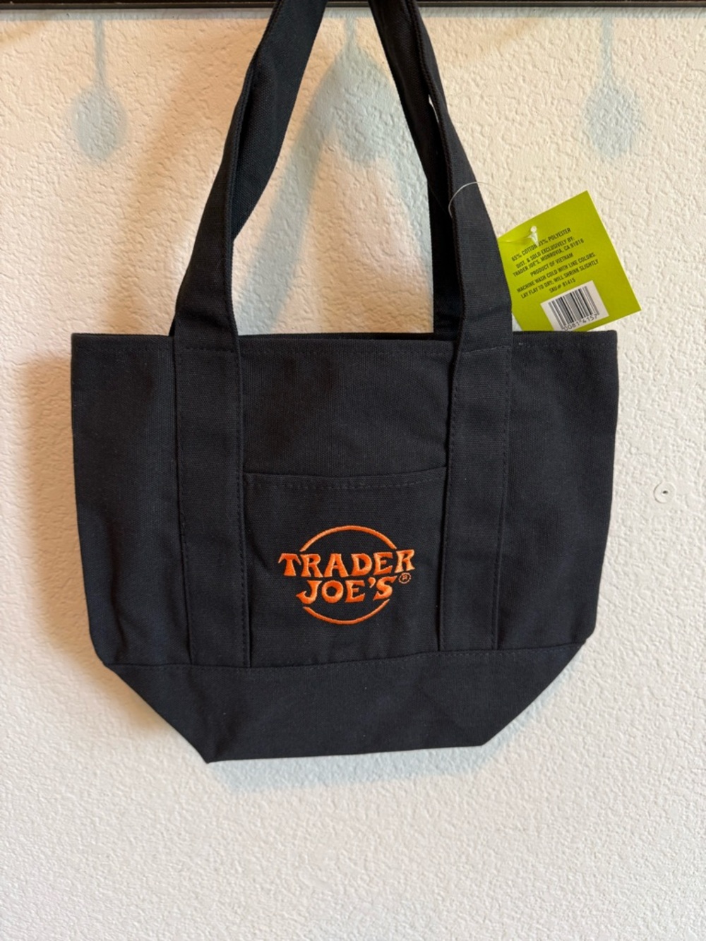 NWT Trader Joe's Black Canvas Mini Tote with Orange Logo & Front Pocket